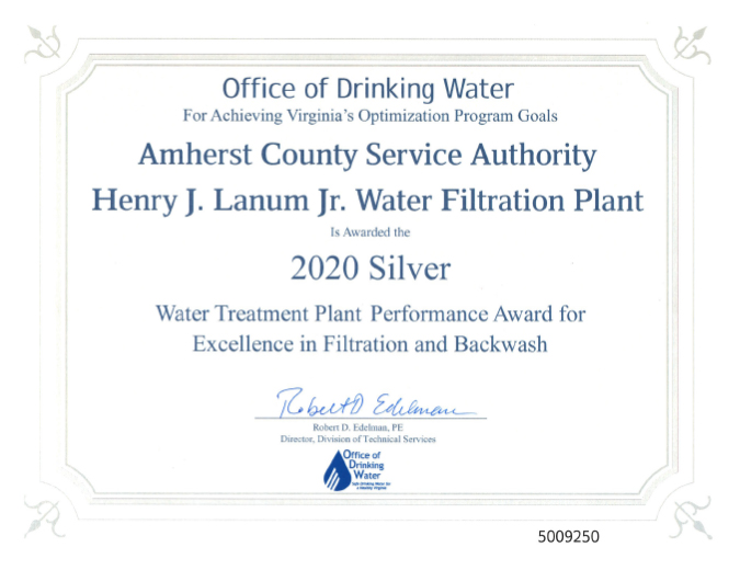 2020 Silver — Water Treatment Plant Performance Award
