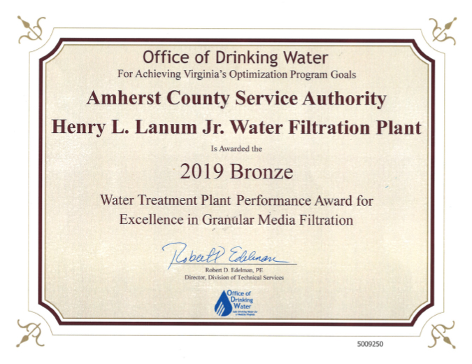 2019 Bronze — Water Treatment Plant Performance Award