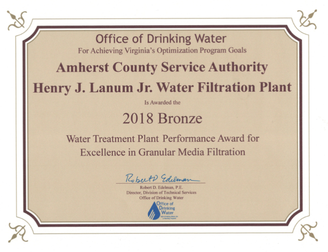 2018 Bronze — Water Treatment Plant Performance Award