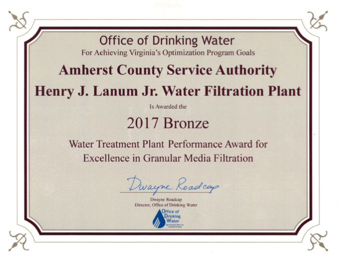 2017 Bronze — Water Treatment Plant Performance Award