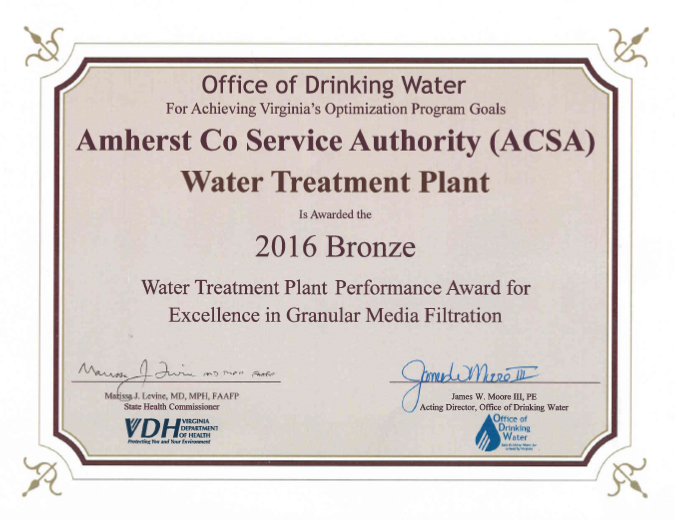 2016 Bronze — Water Treatment Plant Performance Award
