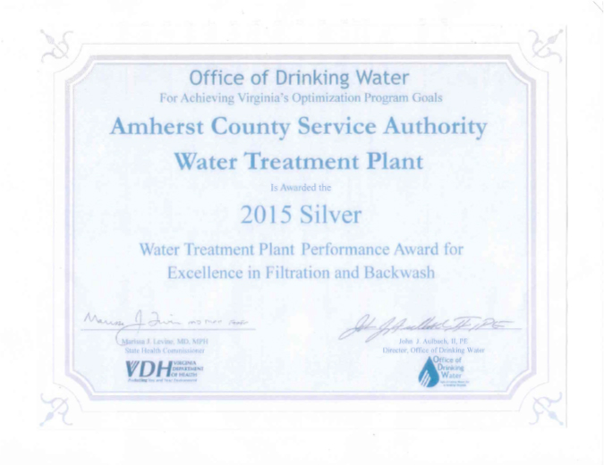 2015 Silver — Water Treatment Plant Performance Award