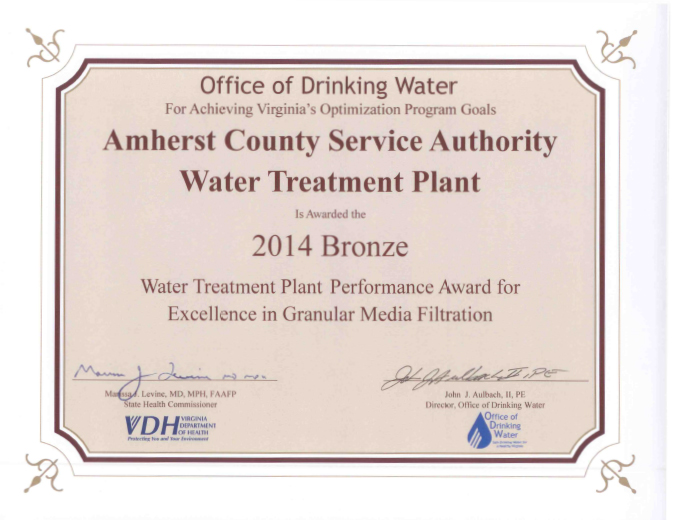 2014 Bronze — Water Treatment Plant Performance Award