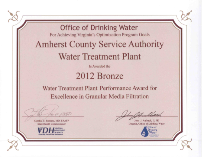 2012 Bronze — Water Treatment Plant Performance Award