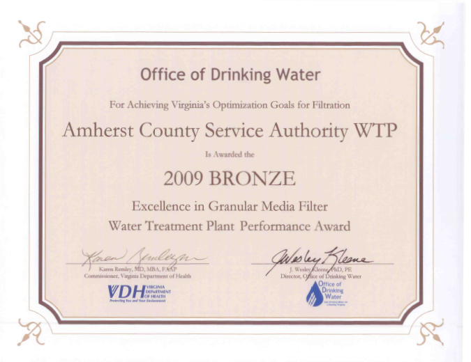 2009 Bronze Award — Water Treatment Plant Performance Award