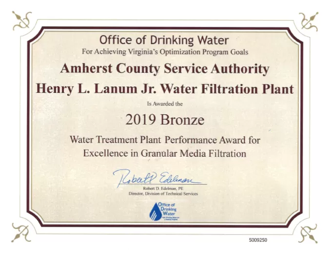 2019 Bronze — Water Treatment Plant Performance Award