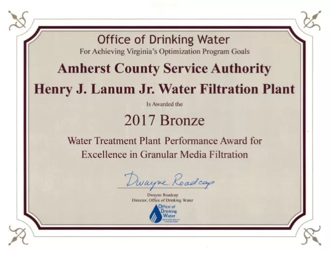 2017 Bronze — Water Treatment Plant Performance Award