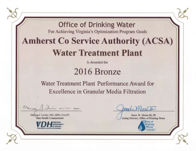 2016 Bronze — Water Treatment Plant Performance Award