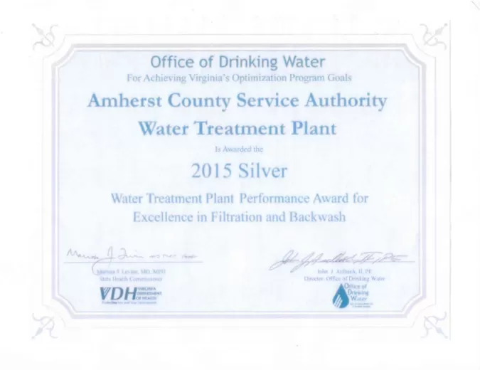 2015 Silver — Water Treatment Plant Performance Award