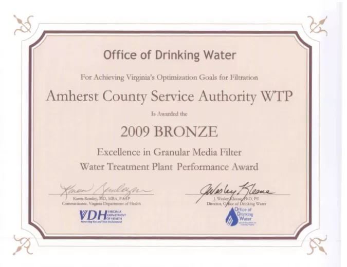 2009 Bronze Award — Water Treatment Plant Performance Award