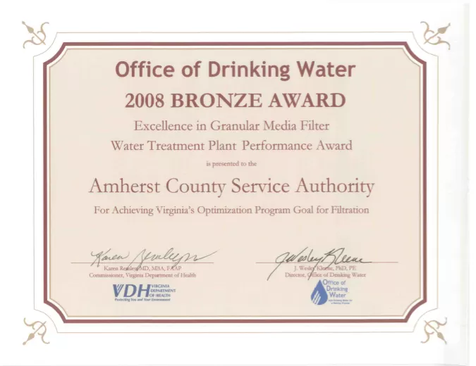 2008 Bronze Award — Water Treatment Plant Performance Award